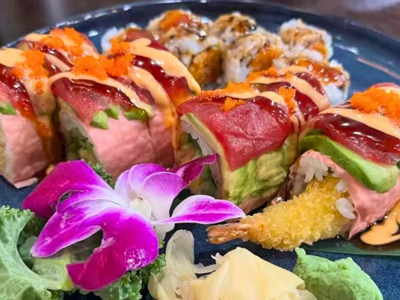 Tuna top tempura shrimp specialty sushi roll at Mirai Sushi & Thai, a Sushi Restaurant in Lucie
